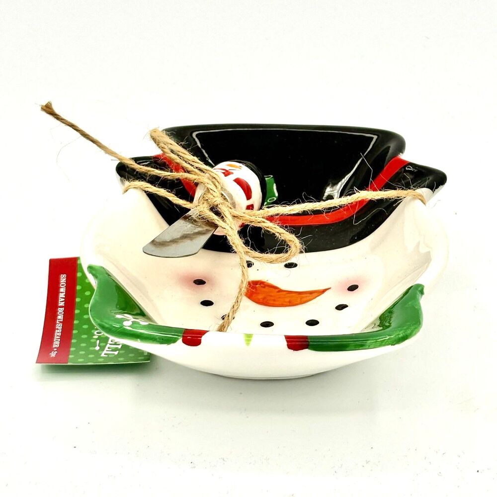 New Sleigh Bell Bistro Ceramic Christmas Snowman Dish With Spreader 2014 - Picture 2 of 8